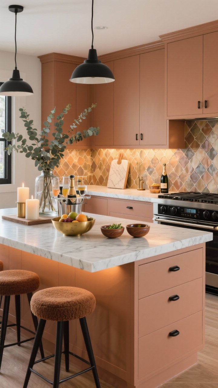 Wide kitchen island scene: Warm Earth-Tone kitchen featuring clay-colored cabinetry or clay-toned island, quartz counters with subtle veining, and matte black hardware. Walnut counter stools with bouclé seats tucked at the island. Zellige-style backsplash tiles in varied tones adding depth. Styled with a marble board holding candles, a brass fruit bowl, and eucalyptus in a tall vase. Self-serve bubbly bar on the island with labeled garnishes in little ceramic bowls; under-cabinet warm LEDs and a chilled bottle drawer visible. Palette of clay, walnut, matte black, soft white. Photorealistic, inviting for entertaining.