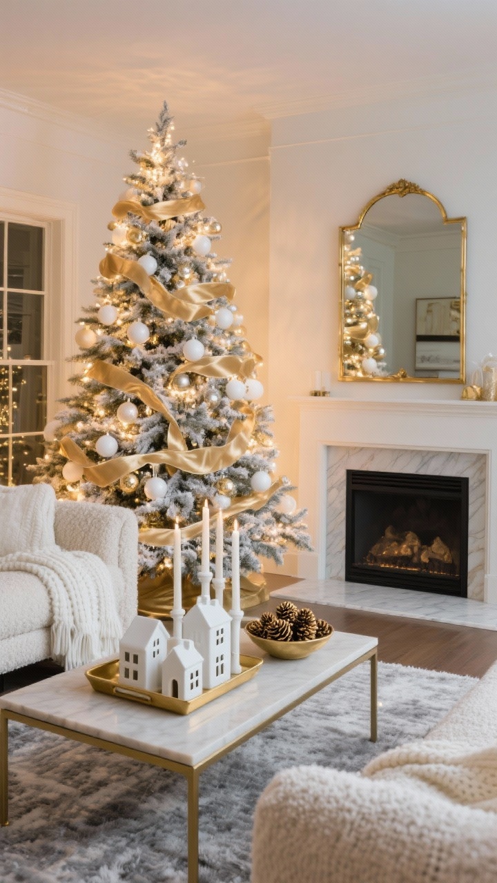 Wide living room shot, evening glow: a 9-foot flocked Christmas tree drenched in cascading champagne-gold ribbon and matte white baubles, its warm lights reflecting in a polished brass mirror above a simple mantel; cream bouclé sofa with ivory knit throws, soft gray wool rug anchoring the scene; on a rectangular coffee table, a gold tray corralling white ceramic house figurines, white taper candles, and a bowl of gilded pinecones; palette of ivory, champagne gold, and soft gray; mix of bouclé, velvet, and knit textures; photorealistic, no people.