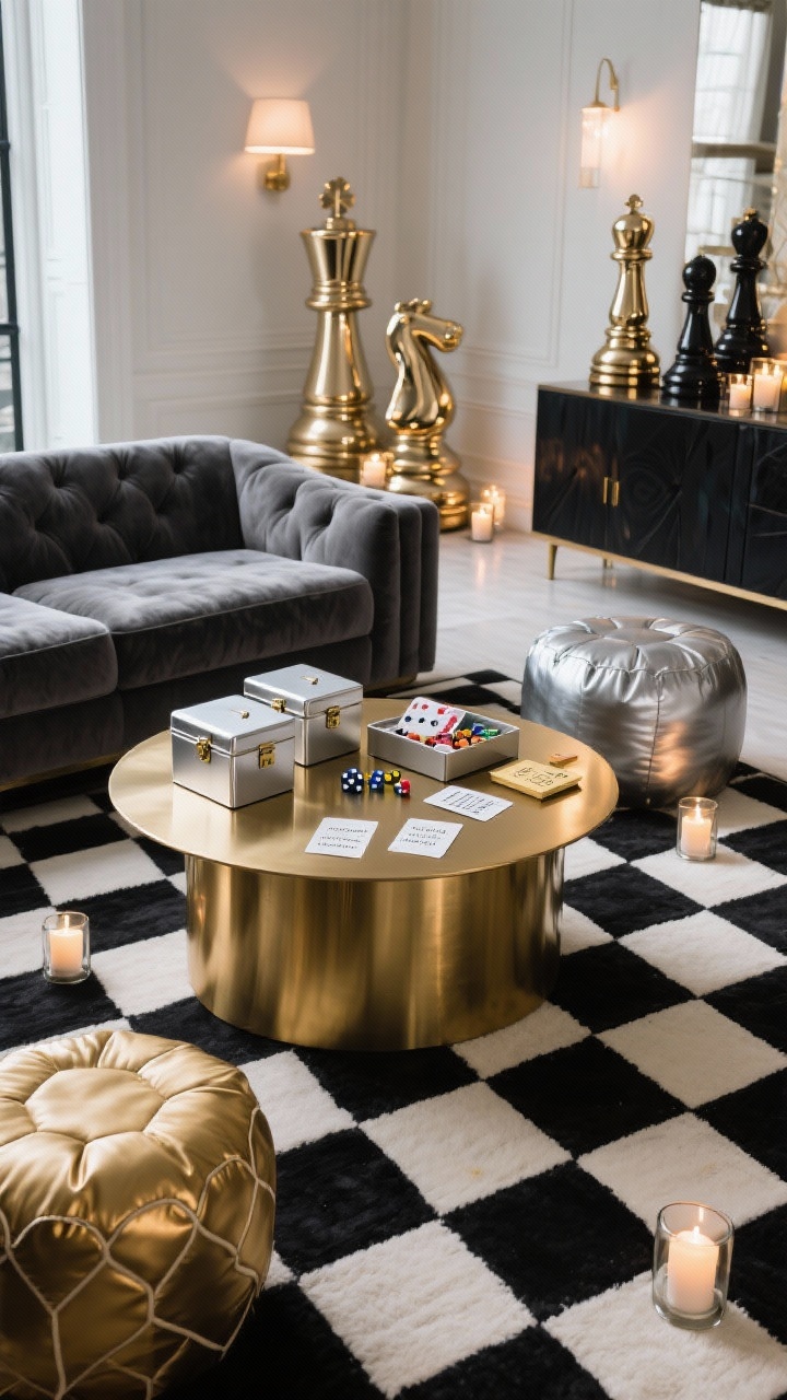 Wide living space: Glam Game Night arrangement with a soft charcoal sectional facing a low round brass coffee table; silver-lidded boxes on the table filled with cards, dice, and trivia prompts; a black-and-white checkerboard rug underfoot; gold and silver poufs for extra seating; on a sideboard, oversized metallic chess pieces displayed as sculptural decor with votives sprinkled around; festive, balanced ambient lighting; textures of velvet, leather poufs, brass, glass.