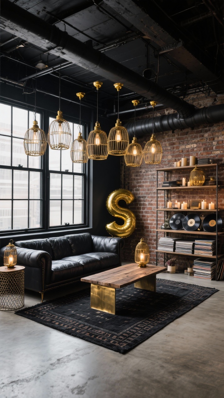 Wide loft perspective from corner: Industrial sparkle loft with exposed black steel beams, concrete floors, and tall windows in black metal frames; a deep charcoal low leather sectional and a reclaimed wood coffee table edged in raw brass; a row of caged pendant lights with gold sockets overhead; coal-colored kilim rug layered under the seating; freestanding shelving with gold wire baskets, industrial candle lanterns, and stacks of vinyl; a giant gold balloon number leaned against a brick wall; textures of leather, weathered wood, and metal mesh; moody industrial glow.
