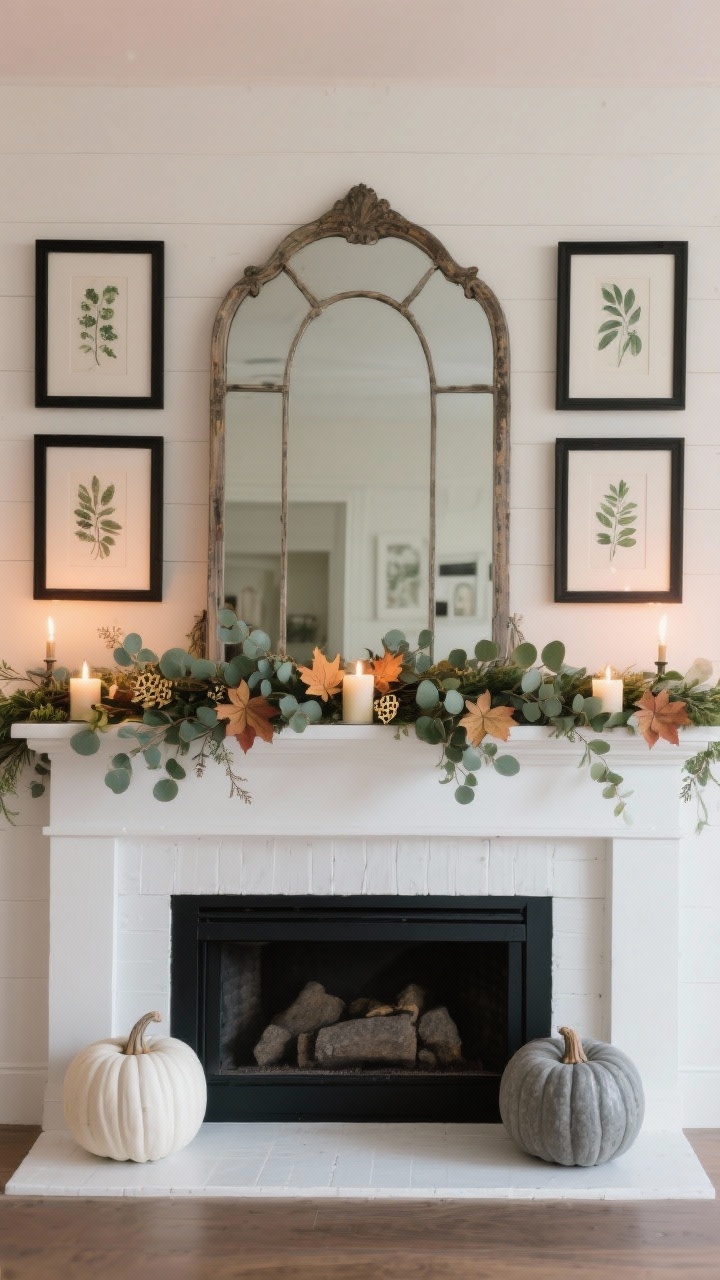 Wide mantel scene, straight-on: farmhouse mantel painted white with a large antique-style mirror leaning at center. Layered thin black frames in front holding botanical prints for dimension. Garland: faux eucalyptus mixed with Dollar Tree maple leaf picks, with battery candles tucked among greenery. Ends anchored by ceramic pumpkins—one matte white, one stone gray—for balance. Colors: white, sage, charcoal, stone. Warm evening glow from candles, photorealistic.