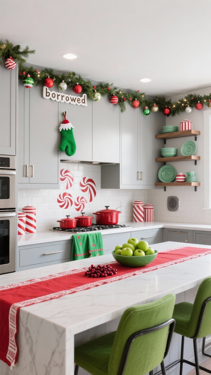 Wide modern kitchen shot, straight-on: sleek cabinetry with upper cabinets lined by a garland of felt ornaments; playful “borrowed” ornament hooked on a cabinet pull by a cheeky green glove; open shelves styled with jadeite-style dishes, red enamel cookware, and candy-striped canisters; island with lime barstools; table runner in red and white down the island center with a bowl of green apples and cranberries; backsplash featuring removable decal tiles in peppermint swirls; Grinch-green tea towels and oven mitts; subtle indication of a hidden speaker for carols; clean, bright task lighting; photorealistic