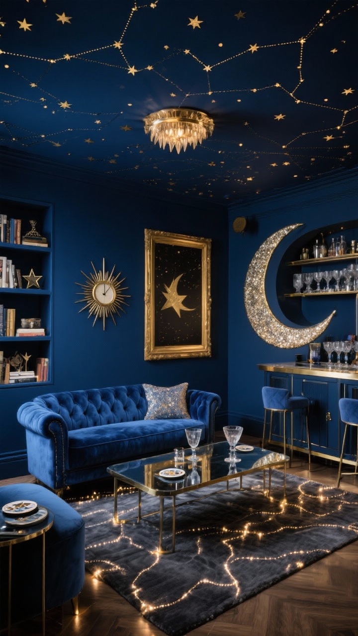 Wide, moody lounge shot: Celestial Glam Cocktail Den with walls painted deep midnight blue and subtle gold star decals scattered across the ceiling like constellations. Sapphire velvet loveseat, smoked mirror coffee table, and gold-framed art. Crescent-moon bar cabinet stocked with glitter-rim glassware and smoky glass coupes. Celestial coasters, a starburst clock, and a charcoal-toned area rug with metallic threads. Fiber-optic fairy lights along bookcases plus a starburst flush mount ceiling fixture providing a glamorous, intimate glow. Photorealistic.