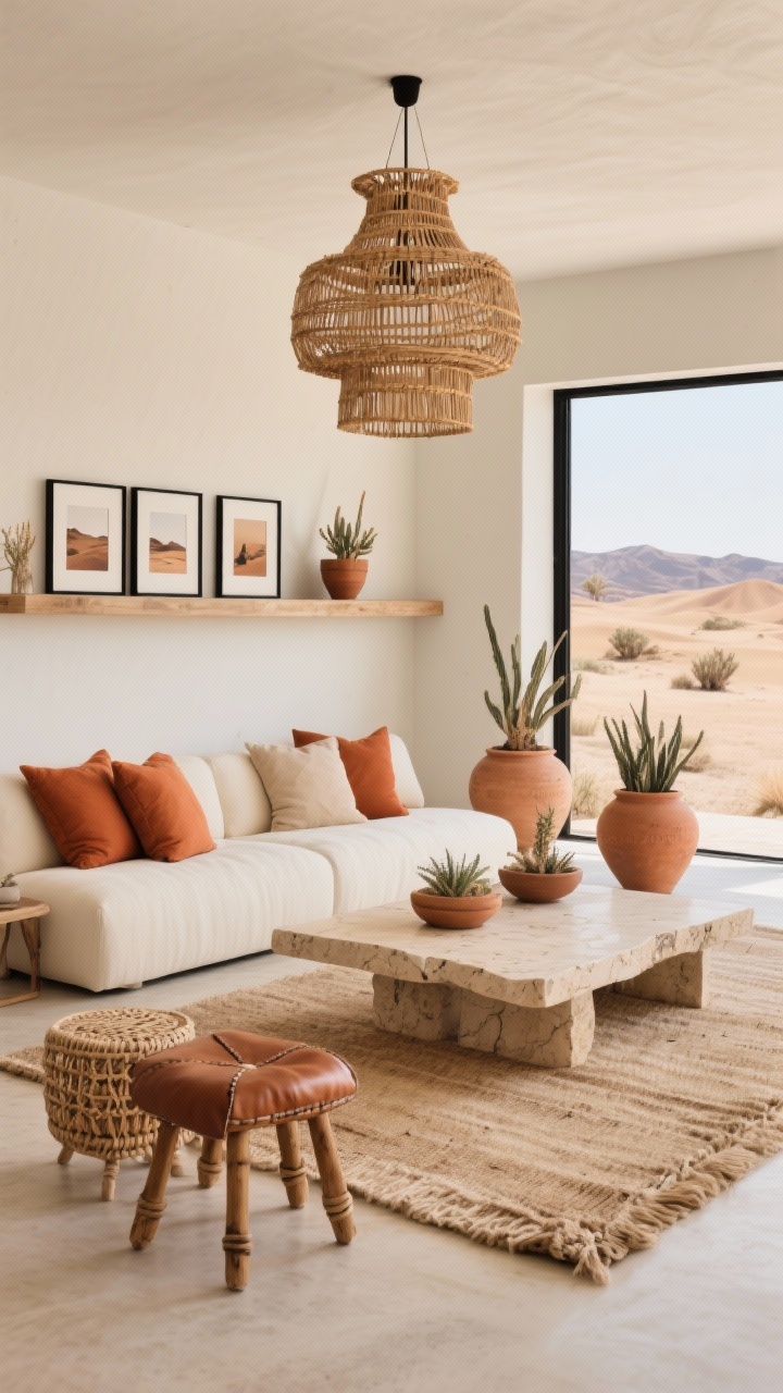 Wide, open-plan perspective: Desert Luxe living area with a low cream sectional layered with terra-cotta and sand pillows, a travertine coffee table, and oversized earthenware planters housing desert plants. Sun-bleached, airy atmosphere; woven leather stools and a jute-and-wool rug. Sculptural natural rattan chandelier overhead. Long floating shelf with framed desert photography in thin black frames providing contrast. Colors of sand, bone, terra-cotta with crisp black accents. Photorealistic, refined boho-resort feel.