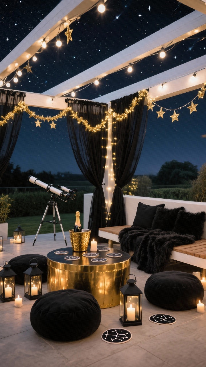 Wide outdoor terrace at night: Celestial midnight setting under a pergola draped with black gauze curtains threaded with warm fairy lights and gold star garlands; black floor cushions around a low gold drum table; lanterns in matte black with flickering LED candles scattered around; a black faux-fur throw over a bench; champagne in a gold hammered ice bucket; celestial constellation coasters on the table; include a telescope aimed at the night sky; crackly playlist vibe implied, soft white lights and cozy warmth.