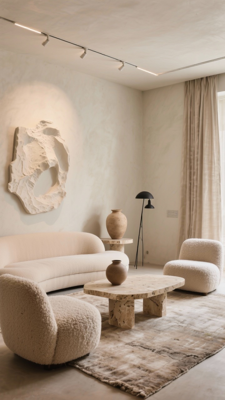 Wide, photorealistic living room in sculptural minimalism: warm greige limewash walls, low-profile curved sofa in sand, travertine pedestal coffee table, two chunky boucle accent chairs, recessed track lighting washing the walls for a museum glow. Nubby wool rug, linen drapes puddling to the floor, oversized plaster art, ceramic vases, thin black steel floor lamp. Palette of sand, stone, almond. Bare surfaces with one artful object per table. Calm, gallery-like mood.