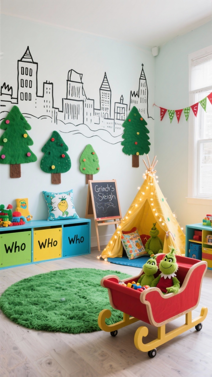 Wide, playful shot of a kids’ playroom that feels like stepping into the book: one wall painted with a hand-drawn black-and-white Whoville skyline outline, with removable green felt trees Velcroed on. Bright cubbies labeled with Who names, a plush green rug, and a cozy reading tent strung with soft fairy lights containing Grinch plushies. Include felt banners, a chalkboard easel, and illustrated pillows. A DIY “Grinch’s Sleigh” toy bin on casters in the foreground. Color palette: lime, sky blue, sunshine yellow, red. Soft, even daylight.