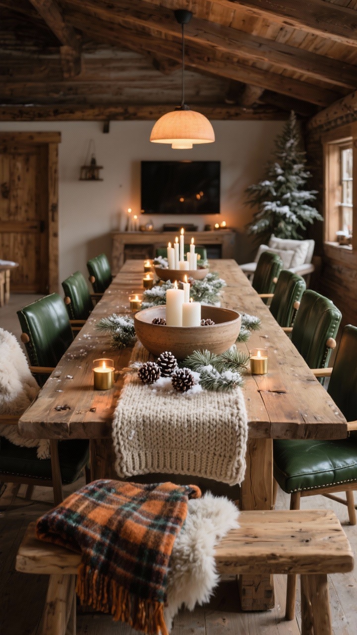 Wide room shot: An alpine chalet-inspired dining scene with a long reclaimed wood table and a chunky knit runner down the center; a low, wide hand-thrown ceramic bowl filled with creamy white unscented pillar candles is flanked by mini spruce clippings, pinecones dusted with faux snow, and brushed brass votives; palette of warm neutrals and deep forest green; leather and linen chairs with a sheepskin throw tossed over the end chair; plaid wool blanket folded on a bench; amber-toned flameless candles glowing with dimmable overhead warm lighting; photorealistic, cozy lodge mood, straight-on view.