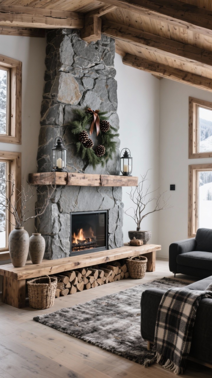 Wide room shot, angled from the corner: An alpine lodge minimalist scene featuring a textured stone fireplace surround, chunky raw oak mantel, and wood-framed TV echoing beam tones; a single draped pine garland with oversized pinecones and leather ties; iron lanterns on the hearth; one or two tall ceramic vases with bare branches; a long, narrow bench under the TV with stacked firewood and woven baskets; heavy wool rug, charcoal sofas, and a restrained plaid throw; palette of stone gray, oak, espresso, evergreen; crisp, wintry morning light.
