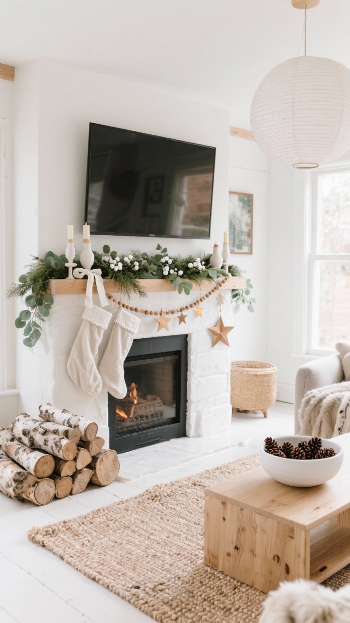 Wide room shot, bright natural daylight: A Scandinavian-inspired living room with a warm white plaster mantel and a TV floating above, framed by pale oak accents; minimal eucalyptus-and-pine garland with white berry sprigs tied with narrow ivory linen ribbons; stacked birch logs on the hearth and a white ceramic bowl of pinecones; linen stockings and ceramic candlesticks on the mantel; paper stars and wood bead garlands replace colorful ornaments; a woven jute rug, light oak media console, sheepskin throws, and an oversized paper lantern pendant; palette of soft white, oatmeal, pale oak, sage green; calm, airy, serene.