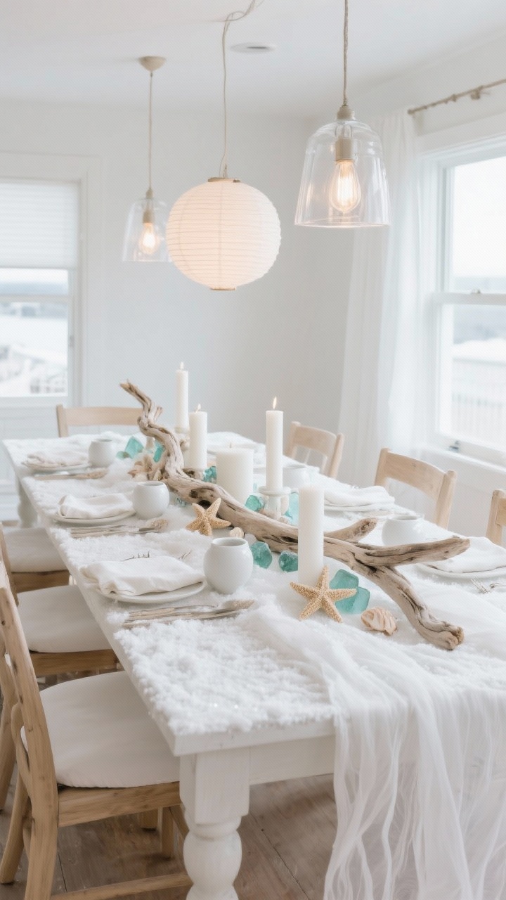 Wide room shot: Coastal snow drift dining space featuring a bleached driftwood centerpiece winding over a gauzy white runner that puddles like snow; white pillar candles, sea glass accents, and starfish/shells lightly dipped in matte white; sand-colored linen napkins, white stoneware, light oak chairs; soft glow from paper lantern pendants or clear glass fixtures with warm bulbs; palette of white, sand, sea-glass aqua; textures of gauze, driftwood, matte ceramics; serene, breezy mood; photorealistic, corner angle.