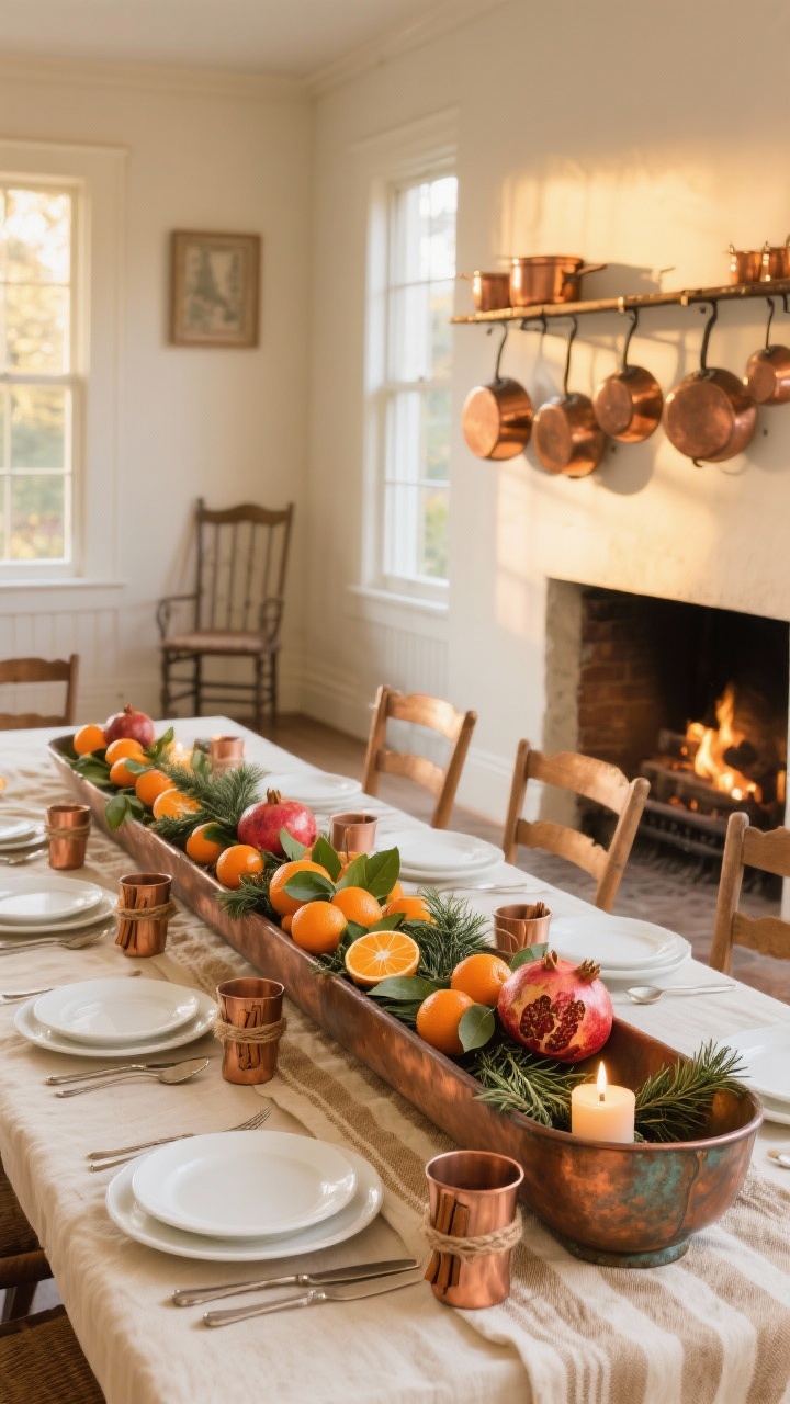 Wide room shot: Heirloom copper hearth table with a long, shallow antique copper trough filled with mandarins, pomegranates, bay leaves, and rosemary; tea lights in copper cups and cinnamon bundles tied with twine nestled among the fruit; cream linen and classic white dishes, copper flatware/chargers; Windsor or farmhouse chairs and a striped grain-sack runner; warm, golden-hour ambient lighting; nearby copper pot rack echoing the finish; palette of copper, cream, evergreen, citrus; photorealistic, straight-on view.