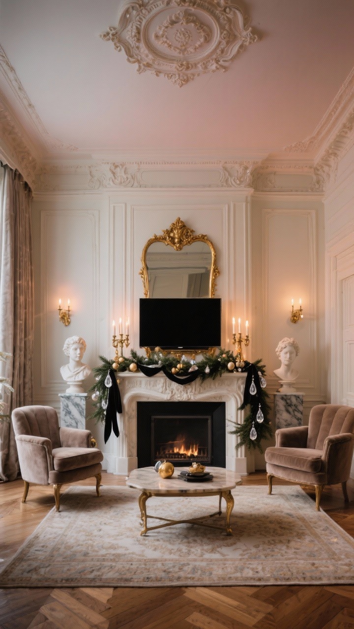 Wide room shot, straight-on, evening ambiance: A Parisian holiday salon with a creamy mantel featuring ornate molding, a slim black-frame TV, tall ceilings and a classic ceiling medallion; refined spruce garland with black velvet ribbon, crystal drops, and champagne-toned ornaments; marble busts or urn lamps flanking the mantel; gilded holders with taper candles flickering; a grand gilt mirror hung above or slightly offset from the TV to bounce light; taupe velvet French club chairs, a parquet coffee table, and a hand-knotted rug; palette of cream, black, champagne, soft blush; elegant, softly dramatic lighting.