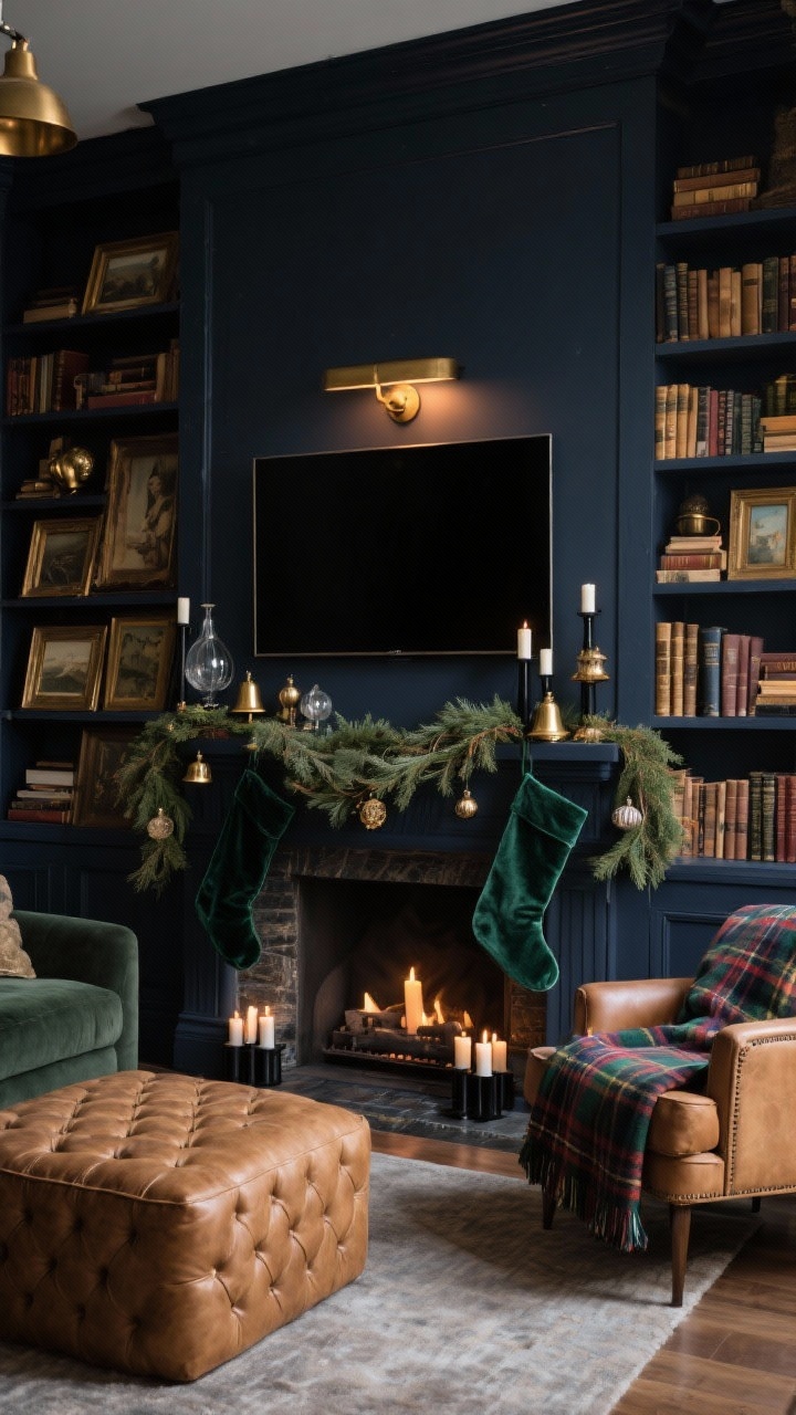 Wide room shot, straight-on view: A moody library lounge with a deep charcoal navy fireplace wall and built-in bookshelves framing a slim black-frame TV like artwork; an asymmetrical cedar garland sweeps across the mantel, dotted with smoked glass ornaments and antique brass bells; a low line of black tapered candles flickers beneath the screen; shelves loaded with leather-bound and hardcover books with layered aged brass-framed art in front; velvet stockings hang from the mantel; a tufted camel leather ottoman and a tartan throw on an armchair sit in front; dimmable brass picture light above the TV casts a warm halo; palette of charcoal, deep navy, brass, and forest green; photorealistic, evening glow.