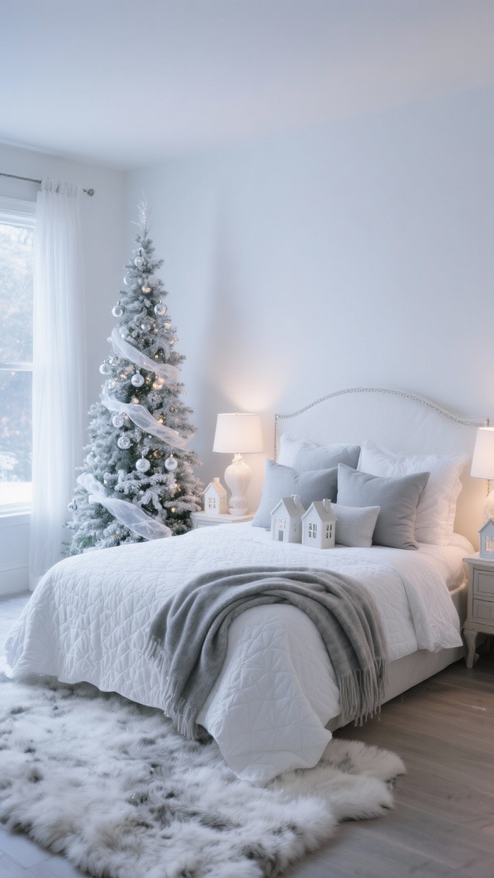 Wide, serene bedroom at dusk: Flocked Winter White Bedroom Retreat with a slim flocked pencil tree sparkling with clear glass ornaments, silver tinsel, and gauzy ribbon. Bed layered with white matelassé coverlet, a soft gray cashmere throw, and oversized euro shams in soft gray. Nightstands hold alabaster lamps and tiny lit ceramic village houses. Palette white, soft gray, silver; textures flocked greenery, cashmere, alabaster, glass. A plush faux-fur rug at the foot of the bed. Gentle, calm, winter-white shimmer.