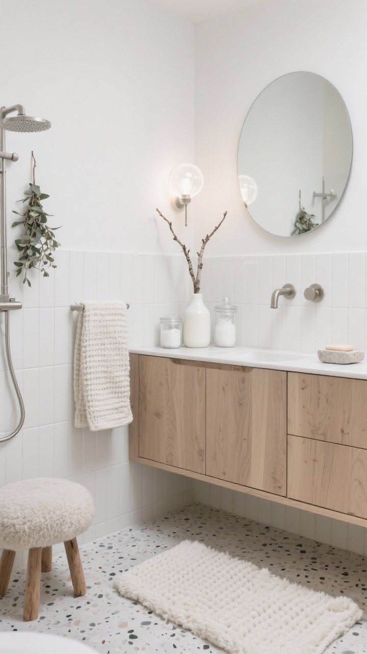 Wide shot: A Nordic Snowfall Sanctuary bathroom with matte white subway and terrazzo tile, natural ash wood cabinetry, a frameless round mirror, and brushed nickel fixtures. Plush ivory bath mats and waffle-knit towels hang neatly; a wool-blend cushion tops a small stool. Frosted globe sconces on dimmers cast a soft, snowy glow. Minimal styling: clear glass canisters of white bath salts, a milk bath bottle, a single birch branch in a white vase, eucalyptus hanging in the shower, and a light-stone soap dish. Calm Scandi palette of matte whites and oat-beige, photographed straight-on, photorealistic.