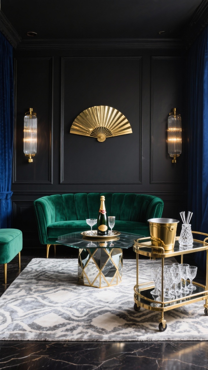 Wide shot: An Art Deco champagne lounge with deep charcoal walls and a midnight blue accent, featuring an emerald velvet sofa with polished brass legs, a smoked glass coffee table with a gold geometric base, and a fan-shaped gold mirror flanked by ribbed glass sconces in brass; on the low-pile silver-and-cream art deco rug sits a bar cart stocked with cut-crystal coupes, a gold ice bucket, and silver cocktail picks; mood lighting with a champagne-tower centerpiece on a mirrored tray; palette of charcoal, black, emerald, gold, and silver; textures of velvet, mirror, smoked glass, and crystal; photorealistic.