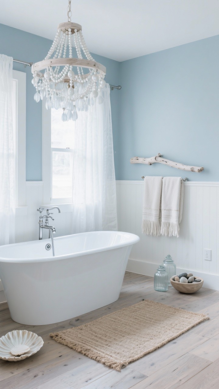 Wide shot: Arctic Coastal Calm bathroom with soft blue-gray walls and whitewashed oak (or driftwood-look) wide-plank flooring. A sleek freestanding tub with polished nickel fixtures sits beneath a white wood beaded boho chandelier casting an icy, gentle glow. Palette of sea-glass blue, cloud white, driftwood, and pearl. Gauzy cotton curtains filter light; fringed bath towels drape on a hook; a pale jute rug anchors the floor. Decor: capiz shell tray, frosted glass jars, and a bowl of smooth beach stones. Airy coastal winter mood, straight-on, photorealistic.