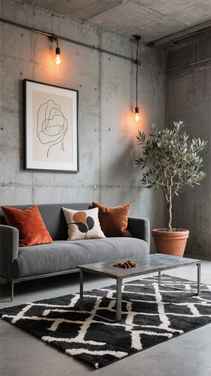 Wide shot, artsy industrial loft living area: graphite sectional against raw concrete walls; spice-toned pillows in paprika, clove, and cinnamon in canvas and velvet, plus one hand-painted abstract pillow; black-and-ivory geometric rug under a raw steel coffee table; oversized framed line drawing leaned or hung on the wall; Edison bulbs on a simple track casting warm amber light; terracotta planter with a tall olive tree beside the seating; palette of graphite, paprika, cinnamon, bone; textures of canvas, velvet, concrete, steel; photorealistic, no people.