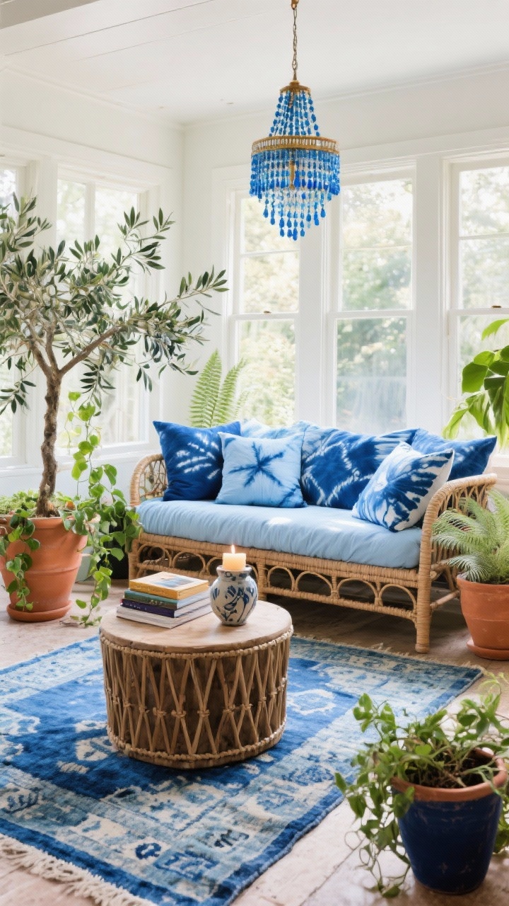 Wide shot, Blue Boho Sunroom Sanctuary: Light, breezy sunroom with a rattan daybed piled with cobalt and sky-blue pillows plus indigo shibori cushions. A blue-washed kilim rug grounds the space. Lush plants—ferns, olive tree, trailing pothos—in terracotta and navy pots surround a low drum coffee table styled with art books and a ceramic candle. A beaded blue chandelier adds playful sparkle. Soft daylight filtering in; eclectic, airy vibe; photorealistic.
