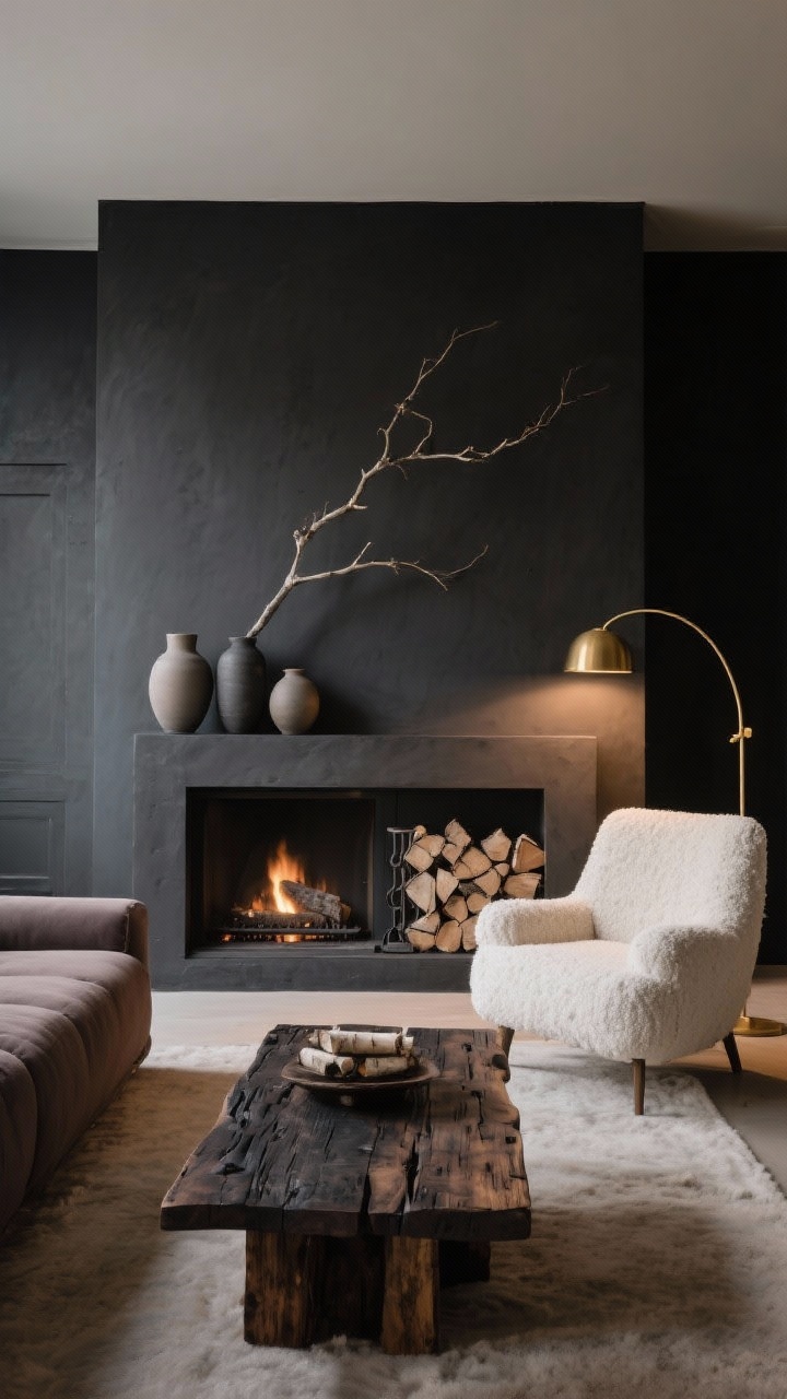 Wide shot — Charcoal Hearth Lounge: Moody minimalist lounge with a charcoal-painted fireplace wall, warm neutral surroundings. A low, deep taupe sofa faces a charred wood coffee table; off-white bouclé deep-seat armchair nearby; brass arc lamp providing a soft winter glow. Mantel styled with three asymmetrical matte vessels and a long trailing branch; cast-iron log holder neatly stacked with birch logs. Textures of bouclé, wool, and weathered wood; palette of charcoal, taupe, off-white, warm brass; evening ambient lighting; straight-on fireplace view.