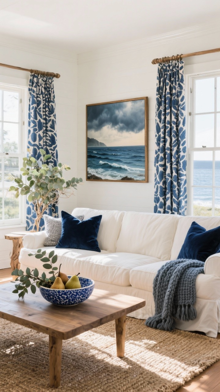 Wide shot, Coastal Harvest Living Room: A sunlit living room with warm white walls, a soft ivory slipcovered sofa layered with navy velvet pillows and a chunky blue-gray knit throw, set on a natural jute rug. A low-profile oak coffee table displays a blue-speckled ceramic bowl filled with dried pears and eucalyptus. Indigo block-print curtains frame the windows, and a large framed coastal landscape with stormy blue water in a bronze frame hangs above. Palette of deep navy, sand, ivory, driftwood, muted eucalyptus green; soft natural afternoon light; no people; photorealistic.