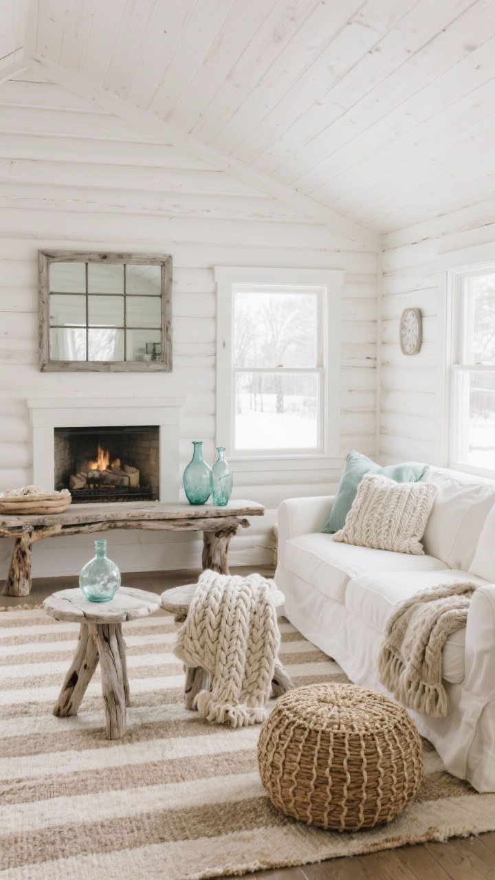 Wide shot, cozy coastal cabin: white slipcovered sofa, striped rug in sandy tones, weathered driftwood nesting tables, cable-knit throws, sea-glass vases on a driftwood console, woven jute pouf, paned mirror over the mantel bouncing pale winter sunlight, palette sand, seafoam, salt white, driftwood gray, finishes sun-washed wood, airy weaves, soft neutrals, bright coastal winter ambiance.