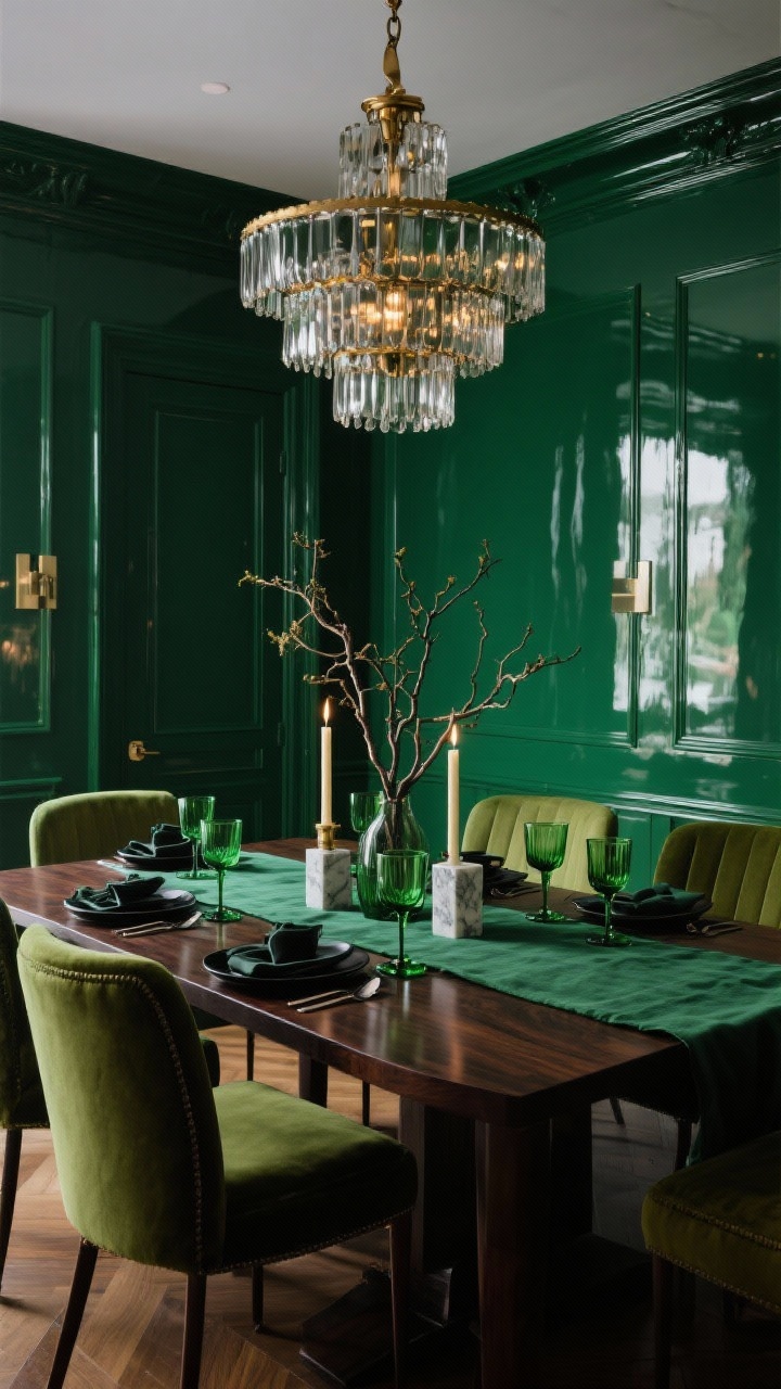 Wide shot, dramatic eye-level: An emerald maximalist dining room with high-gloss emerald walls and matching trim and doors for immersive drama. A dark walnut dining table is surrounded by velvet dining chairs in mixed green tones. A statement chandelier in smoked glass and antique brass hangs overhead, casting shimmering reflections. The table is dressed with a deep green linen runner, green-stem glassware, and matte black flatware, with foraged branches and taper candles in marble holders as the centerpiece. Photorealistic, evening glam lighting with glossy wall reflections.