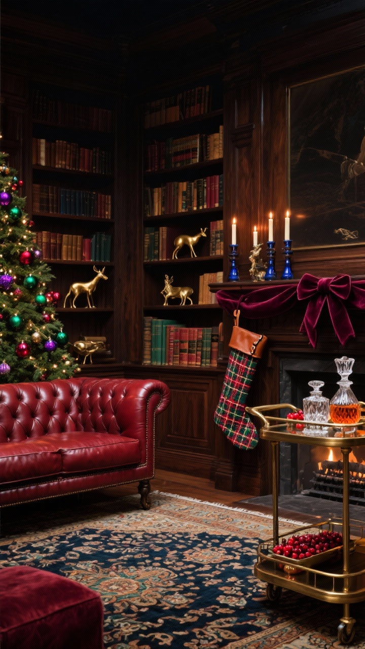 Wide shot, evening library ambiance: Heritage Library with dark wood shelves and a tufted oxblood leather Chesterfield on a Persian rug. Built-ins decked with vintage books, small brass animal figurines, and tapered candles in deep garnet and sapphire holders. Christmas tree jeweled with ruby, amethyst, and emerald ornaments plus velvet bows. A bar cart with cut-glass decanters and cranberry-orange garnishes glints beside the seating. Palette oxblood, emerald, navy, antique brass; textures leather, velvet, wood, cut crystal. Plaid wool stockings with leather loops hang by the fireplace.