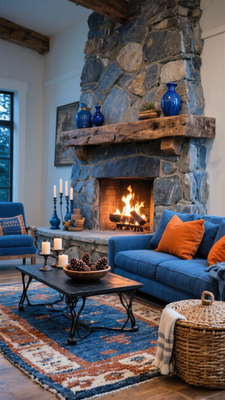 Wide shot, Fireside Family Room in Denim & Ember: A stone fireplace with a chunky reclaimed wood mantel anchors the room. A denim-blue sectional is piled with burnt orange and ochre pillows. A hand-knotted rug in denim, rust, and cream lies beneath a black iron coffee table. The mantel is styled with blue pottery, candlesticks, and a low bowl of pinecones; a woven lidded basket for extra throws sits nearby. Firelit glow warms the blue tones; evening ambiance; photorealistic.