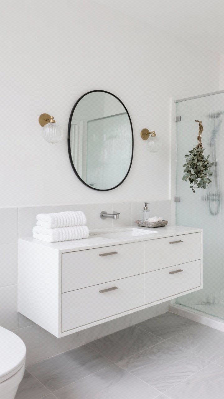 Wide shot — Frosted Spa Bathroom: Soft white walls with light gray large-format floor tile; floating white oak vanity with flat fronts and consistent brushed nickel or soft brass hardware. Mirror with thin black frame or pill-shaped edge; twin milk-glass sconces flanking it. Styling includes bright white fluffy towel stacks, ribbed glass soap dispenser, stone tray with bath salts; frosted glass accents; steam-friendly eucalyptus bundle hanging in the shower area. Clean, serene spa mood; straight-on view.