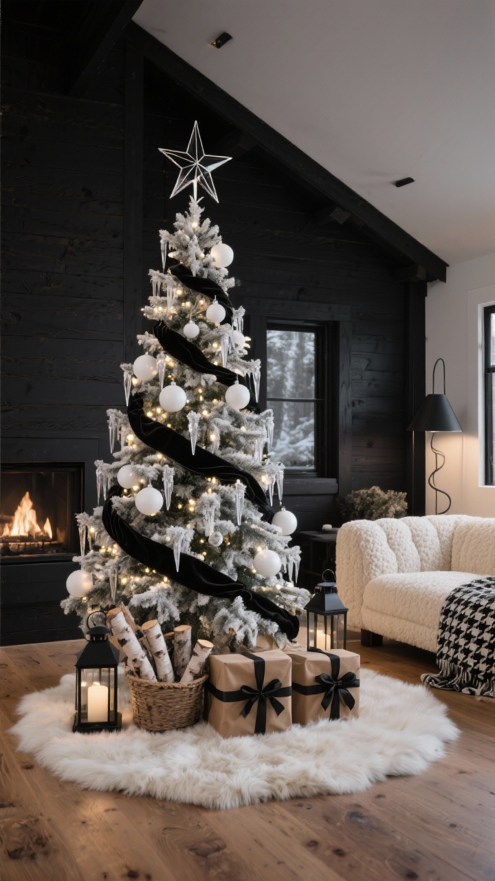 Wide shot, Modern Alpine Black-and-White Chalet living room: a 9-foot flocked Christmas tree styled with black velvet ribbons, matte white ball ornaments, and smoky glass icicles, glowing with warm white micro-LEDs. Space features matte black accents, warm wood floors, and a cream boucle sofa. At the base, an ivory faux Mongolian fur tree skirt with gifts wrapped in kraft paper and black ribbon. Decor echoes include black lanterns on the hearth, birch logs in a basket, and a houndstooth throw. Slim black metal star (or origami-style) topper. Corner angle, evening ambient lighting, photorealistic, crisp and graphic mood.