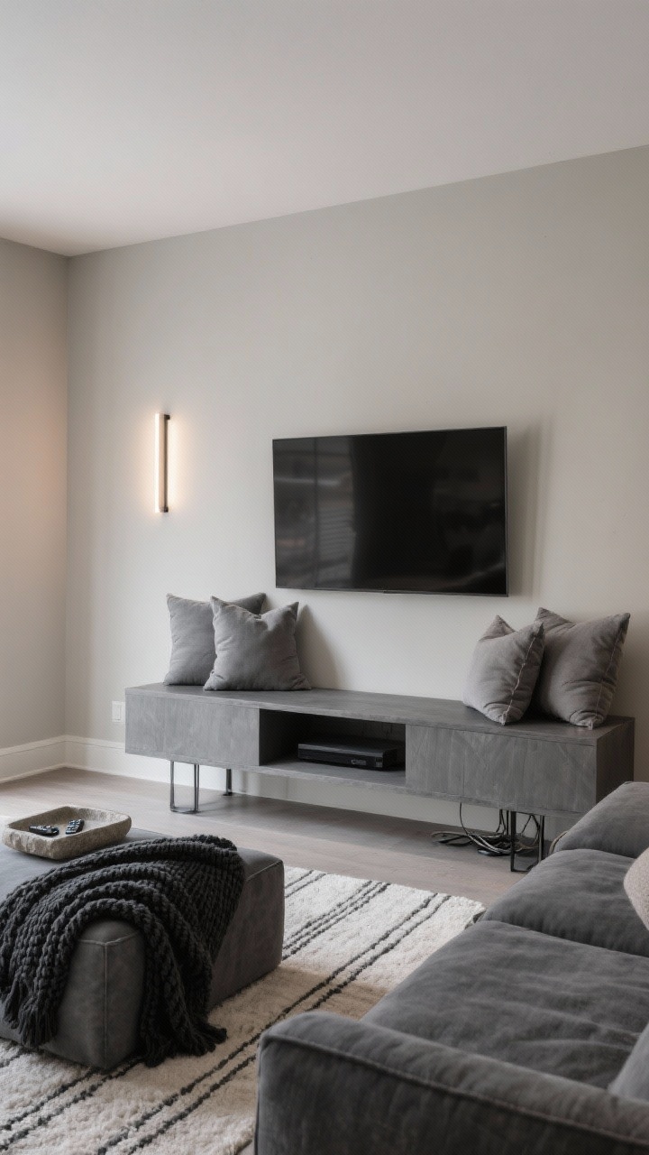 Wide shot — Monochrome Media Den: Cozy den painted soft greige with a muted gray low media console and a slate modular sofa forming a lounging zone. Styling includes a charcoal knit throw, two oversized down pillows, and a stoneware tray for remotes. Linear LED wall light providing ambient glow without glare; flatweave wool rug with subtle stripe for depth; hidden cable management implied within the console. Palette of greige, slate, graphite, soft white; evening mood; straight-on TV wall perspective.