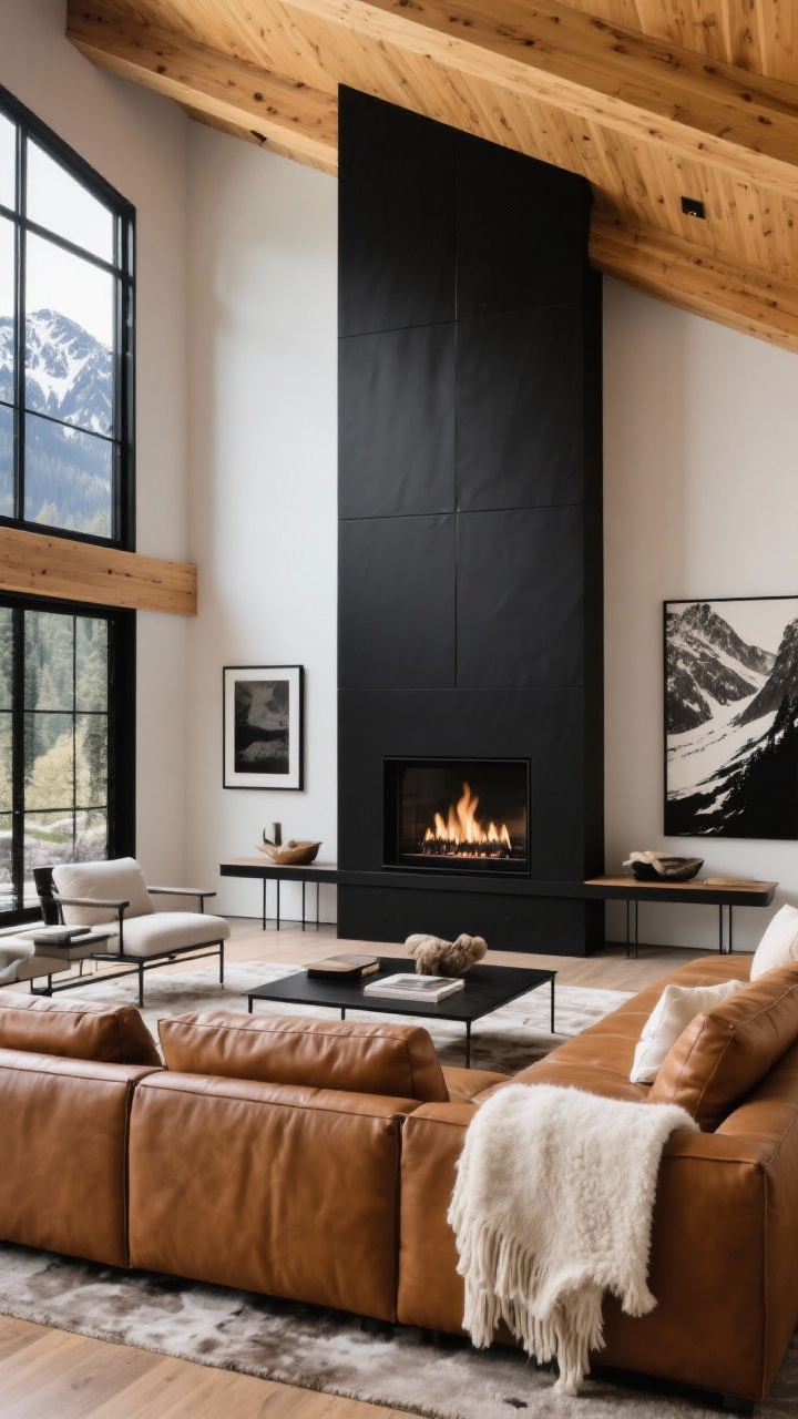 Wide shot, mountain modern living room with bold contrast: matte black fireplace surround as focal point, black metal console and slim-framed art echoing the black accents, honey-toned wood ceiling beams, caramel leather sectional with ivory alpaca throws, oversized paned windows with black trim admitting cool daylight, palette black, caramel, ivory, warm oak, finishes matte black, oiled wood, natural hides, crisp photorealism.