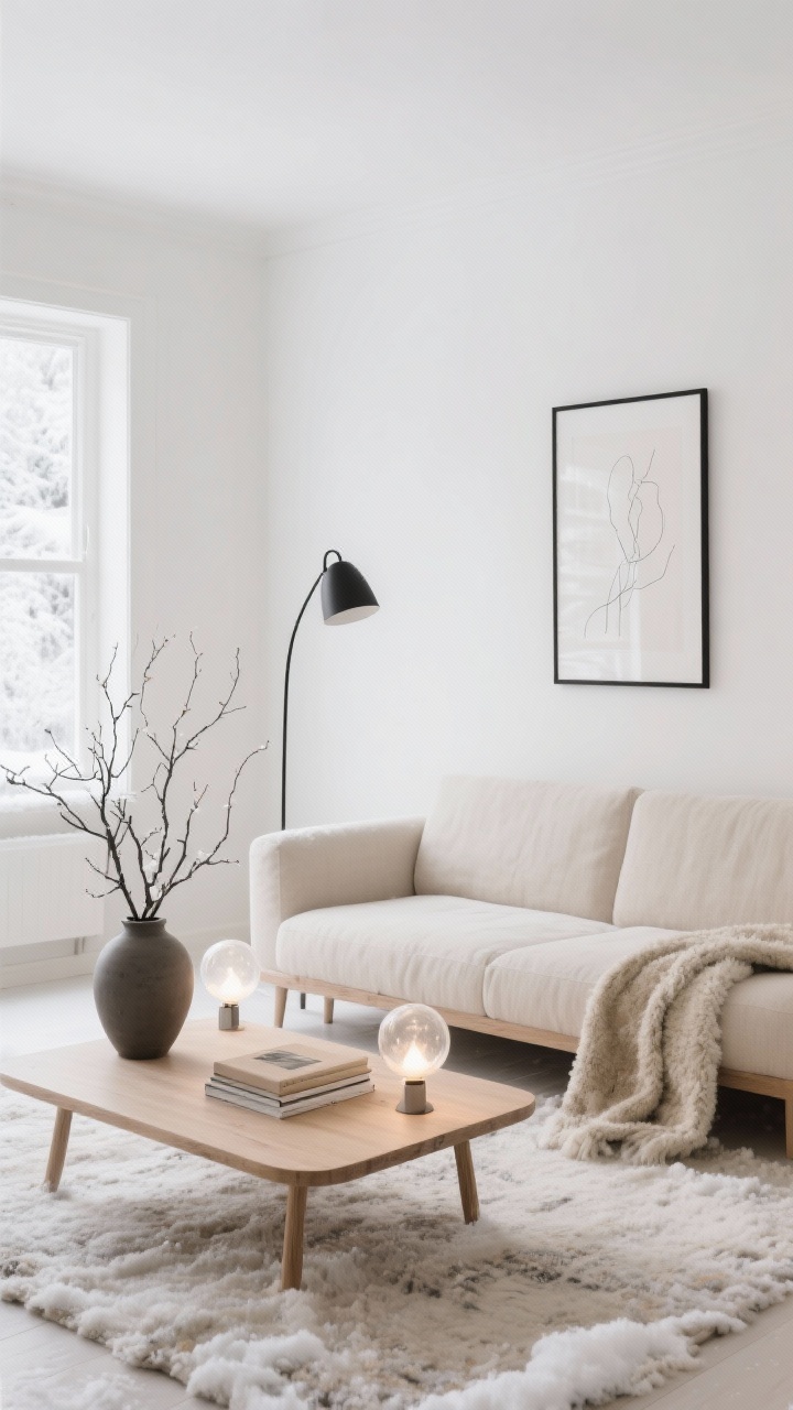 Wide shot — Nordic Snowfall Living Room: Photorealistic minimalist living room with warm white walls, a low-profile oatmeal linen sofa, pale ash Scandi wood coffee table on a subtle-texture wool rug; add a shearling throw draped over the sofa arm, a matte ceramic vase with bare winter branches, a small stack of neutral art books, and a single black metal floor lamp for contrast. Include diffused glass globe table lamps for a snow-glow ambiance, a minimal line drawing in a thin black frame, soft natural winter daylight, palette of white, oatmeal, pale ash, and soft black accents; straight-on view.