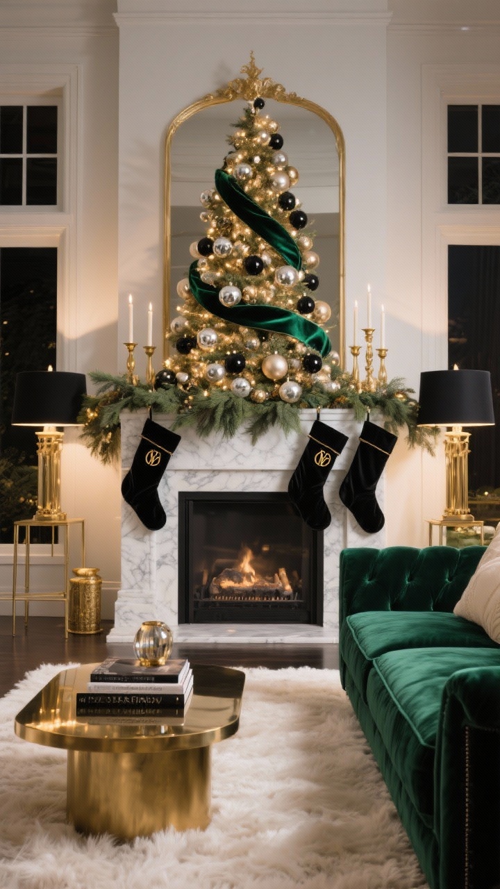 Wide shot, photorealistic: A Velvet & Brass Glamour Living Room at night with soft lamp glow. Deep emerald velvet sofa on a plush ivory rug, low-profile brass coffee table with glossy fashion books. Tall dramatic Christmas tree dressed in champagne, emerald, and matte black ornaments with velvet ribbon spiraling loosely. Mantel styled with oversized antique brass candleholders and a thick eucalyptus-and-pine garland studded with mercury glass baubles. Pair of black-and-gold floor lamps flank the scene; black satin stockings with brass monogram tags hang from the mantel. Materials and palette: emerald, ivory, brass, matte black; textures of velvet, marble, mercury glass, lacquer.