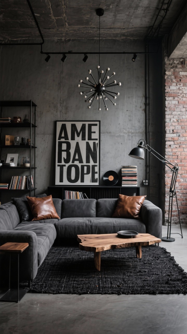 Wide shot, photorealistic: Moody industrial loft with a charcoal sectional with chunky arms on a low woven black rug; raw-edge wood coffee table, black metal shelving loaded with objects; exposed brick and concrete walls; matte black track lighting and an anglepoise floor lamp, with a sputnik chandelier overhead; leather pillows adding warmth; oversized typography art and a stack of vinyls by the media console; palette of charcoal, black, tobacco leather, and raw wood; dramatic, gritty mood, straight-on view.