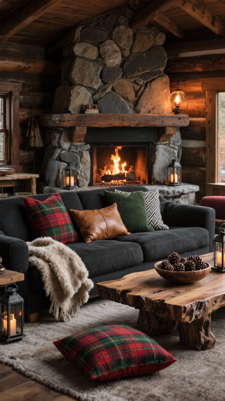 Wide shot, rustic cabin living room: a deep charcoal sofa facing a stone fireplace with a flickering fire; pillow trio on the sofa includes red-brown buffalo check wool, hunter green tartan wool, and soft gray herringbone wool, with a tan leather lumbar centered; a faux shearling throw draped over the arm; live-edge wood coffee table with a bowl of pinecones; iron lanterns on the hearth; a tartan floor pillow by the fireplace for extra seating; palette of charcoal, cedar brown, forest green, ember red; textures of wool, leather, stone, and shearling; warm firelight and lamplight, no people, photorealistic.