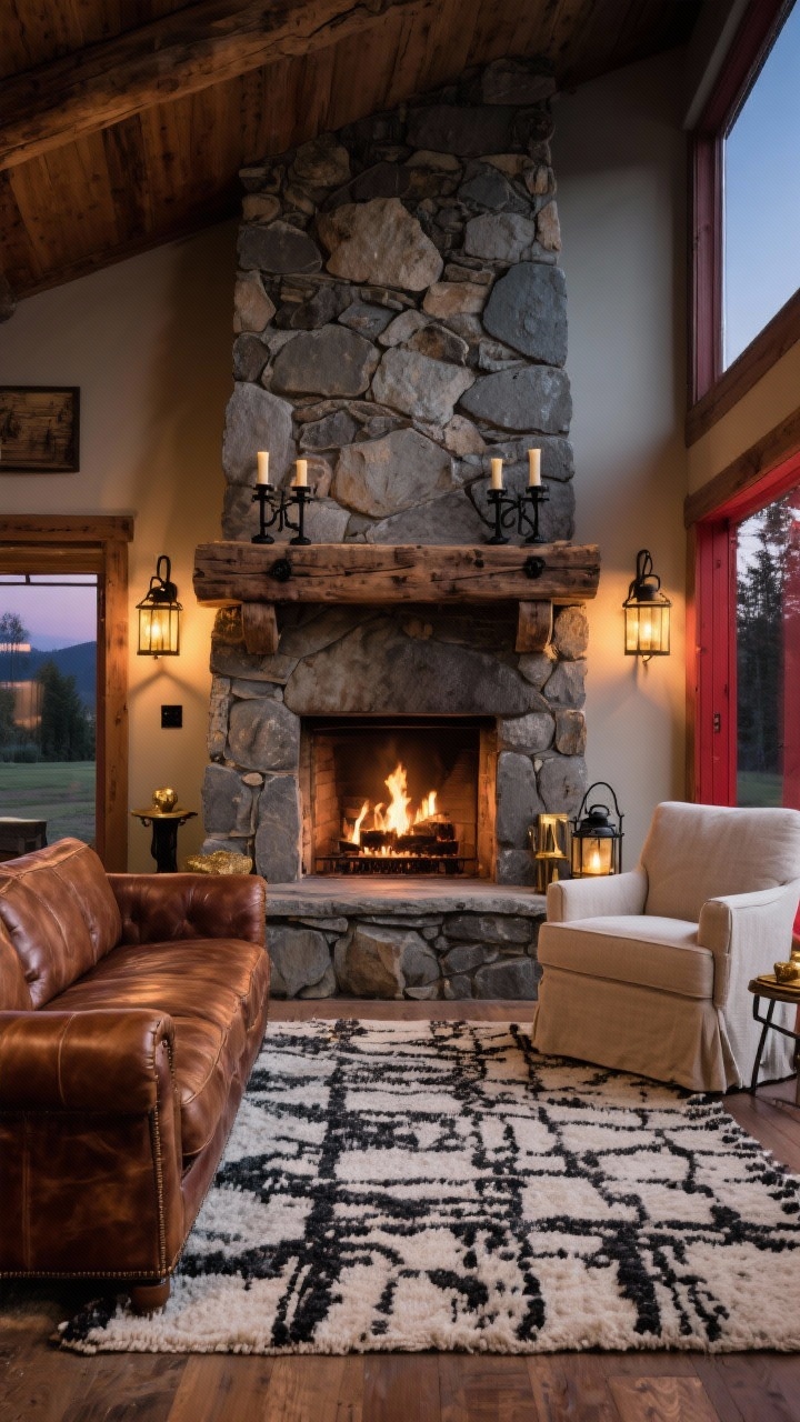 Wide shot, rustic lodge living room at dusk: a floor-to-ceiling stone fireplace with a chunky reclaimed wood mantel topped with wrought iron candleholders, distressed tobacco-brown leather sofa and deep-seated linen armchair, hand-loomed charcoal-and-cream wool rug grounding the space, lantern-style sconces casting a golden glow, matte black hardware and burnished brass accents, palette of slate, saddle brown, cream, ember red, photorealistic, no people.