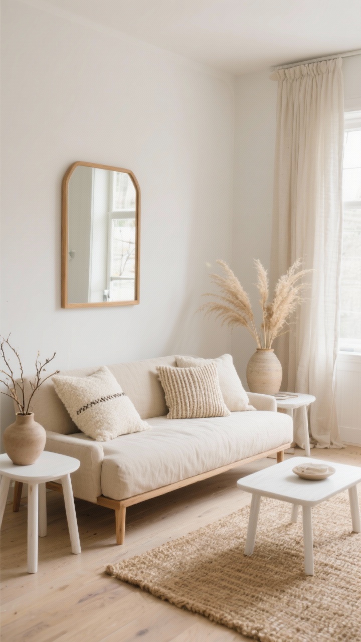 Wide shot, Scandinavian neutral living area: pale oak or slipcovered beige sofa layered with oatmeal nubby boucle pillows, handwoven cream pillows with subtle stripes, and a tiny twig-patterned lumbar; jute rug underfoot; white oak side tables flanking the sofa; maple-framed mirror above; ceramic vase of dried grasses on a side table; linen curtain panels lightly pooled at the floor; palette of oatmeal, cream, warm white, honey wood; textures of boucle, woven cotton, jute, raw ceramic; soft daylight, airy and uncluttered, photorealistic.