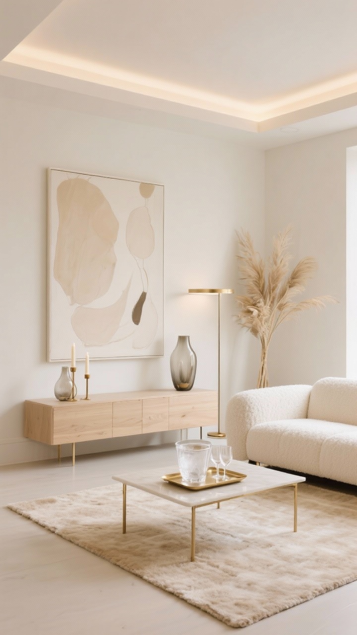 Wide shot, straight-on: A Champagne Minimalism living room with a low-profile ivory bouclé sofa, slim brushed brass coffee table, and a plush oatmeal rug; soft palette of champagne, cream, warm white, and brushed gold. A slender bleached-wood console styled with smoked glass vases, two sculptural candles, and a tall arrangement of bleached foliage. One oversized abstract artwork in powdery neutrals on calm walls. Rimless recessed lights create a soft ambient glow, with a linear floor lamp on dimmer. Minimalist acrylic ice bucket with coupe glasses on a slim bar tray adds subtle party detail. Photorealistic, uncluttered, serene.