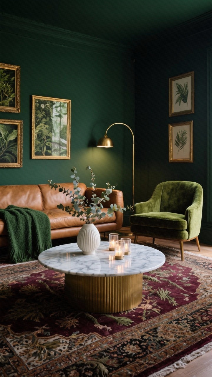 Wide shot, straight-on: A forest-luxe living room with deep forest green matte walls, a low-profile camel leather sofa, and a velvet moss armchair. A Persian-style rug with pine and burgundy tones grounds the space. A round marble-and-brass coffee table sits center with ribbed glass votives and dried eucalyptus in a bone white vase. Brass arc lighting casts a warm glow, and moody botanical art in gold frames layers the walls. Add a hunter-green wool throw over the sofa. Photorealistic, evening ambience with brass warmth and subtle reflections.