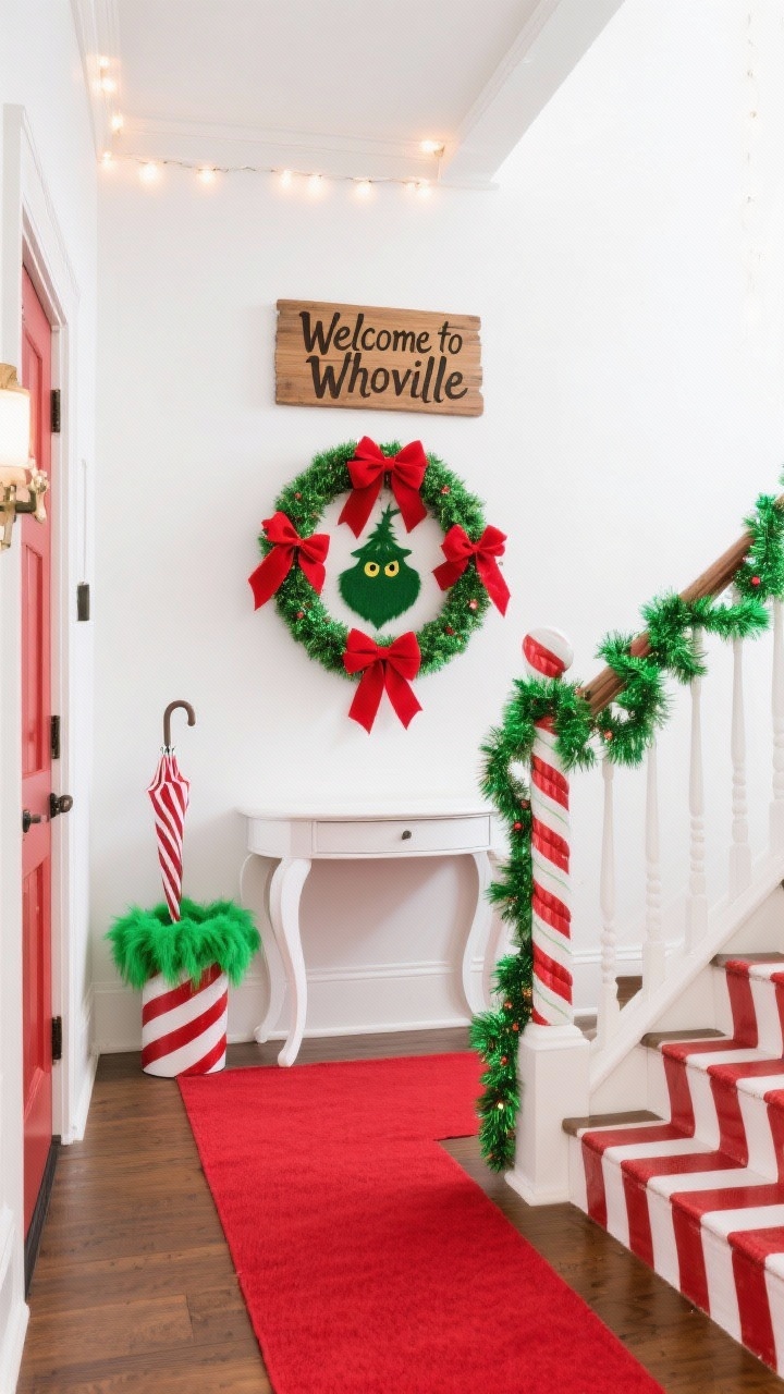 Wide, straight-on shot of a bright Whoville-inspired entryway with a crisp white backdrop: a red runner on the floor, a white console table with curved whimsical legs, a striped umbrella stand, and peppermint stripe accents throughout. Above the console hangs a Grinch silhouette wreath embellished with oversized red bows and fuzzy green tinsel. The stair rail is wrapped in chunky peppermint garland with tucked-in lime green feather boas. Include a “Welcome to Whoville” wooden plaque in handwritten script. Color palette: white, candy red, lime green. Photorealistic, lively holiday lighting.