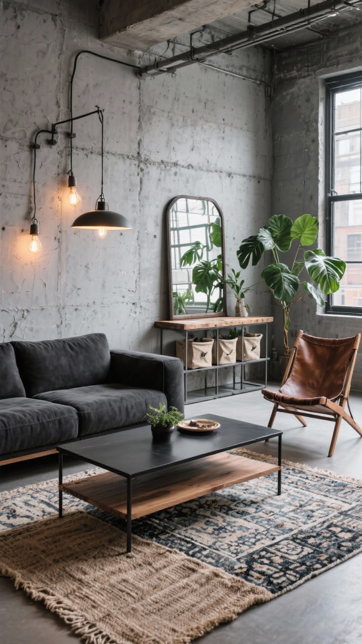Wide urban industrial living room: exposed concrete feature wall (or textured plaster effect), charcoal performance-fabric sofa. Blackened steel coffee table with a wood shelf, layered rugs—jute base under a vintage-look patterned rug. Warm Edison-style pendant lights over a reclaimed wood console. Factory-window style mirror, leather sling chair, open metal shelving with canvas bins. Pops of greenery like a monstera to soften the gray.